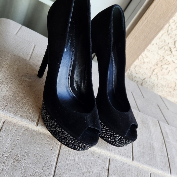 B Brian Atwood Black Suede Bea Crystal Studded Platform Pumps - Picture 2 of 9